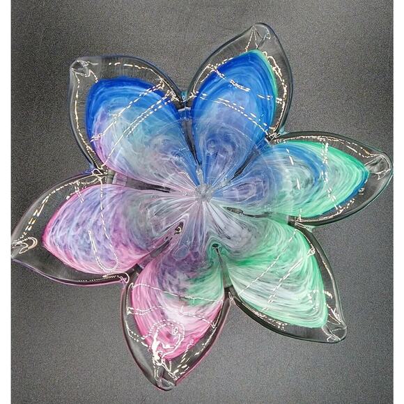 Art Glass Star Flower Votive Dish, Pastel Swirl Colors, Clear Rim – Murano Style - Picture 5 of 10